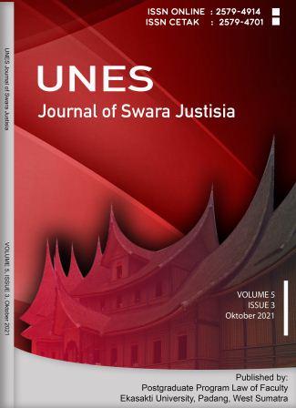 								View Vol. 5 No. 3 (2021): Unes Journal of Swara Justisia (Oktober 2021)
							