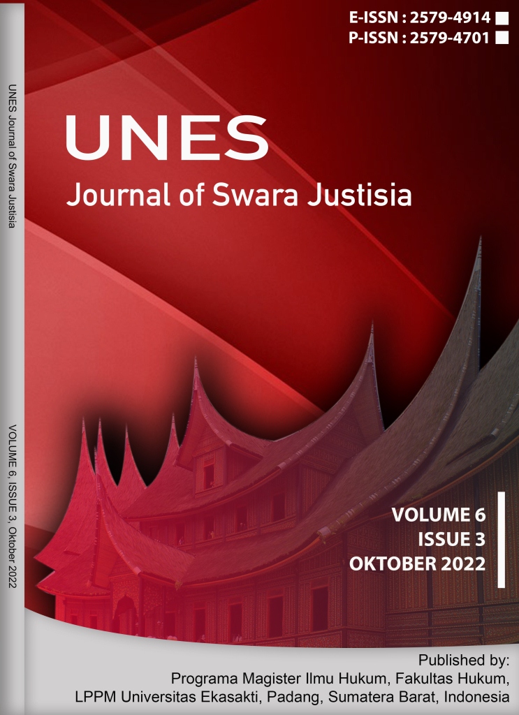 								View Vol. 6 No. 3 (2022): Unes Journal of Swara Justisia (Oktober 2022)
							